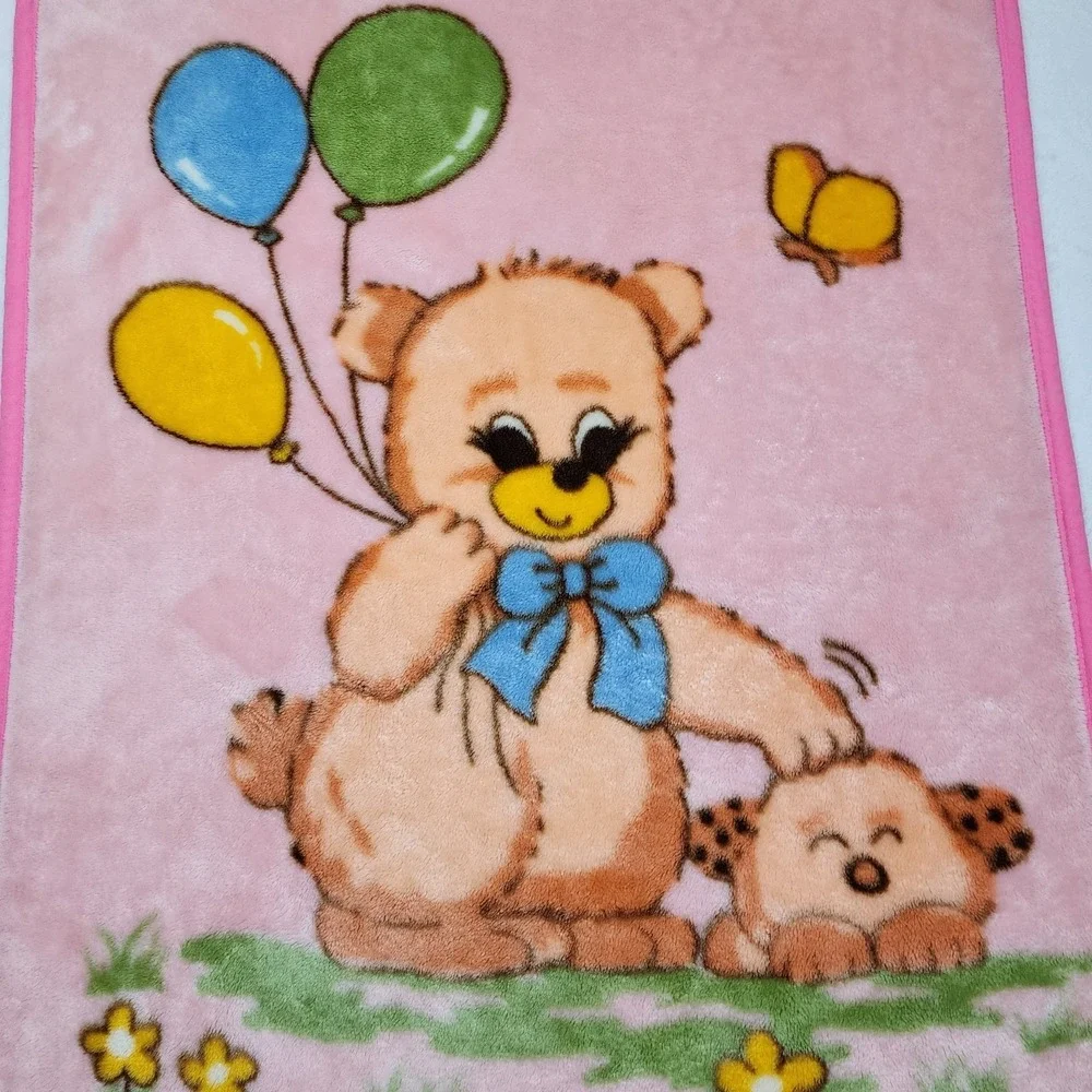 Vintage Baby Blanket Teddy Bear Balloons Puppy Butterfly Mink Plush Pink 45x37